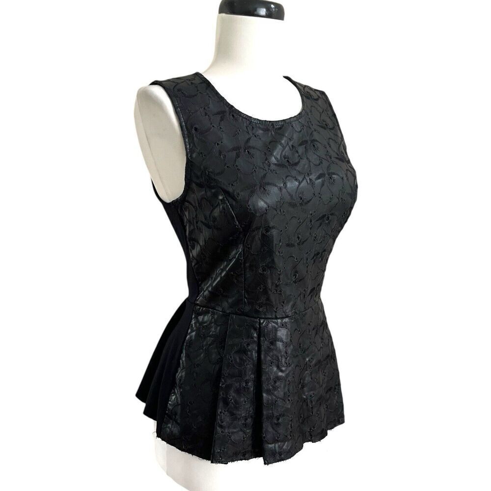 Bordeaux Faux Leather Embroidered Peplum Top XS black